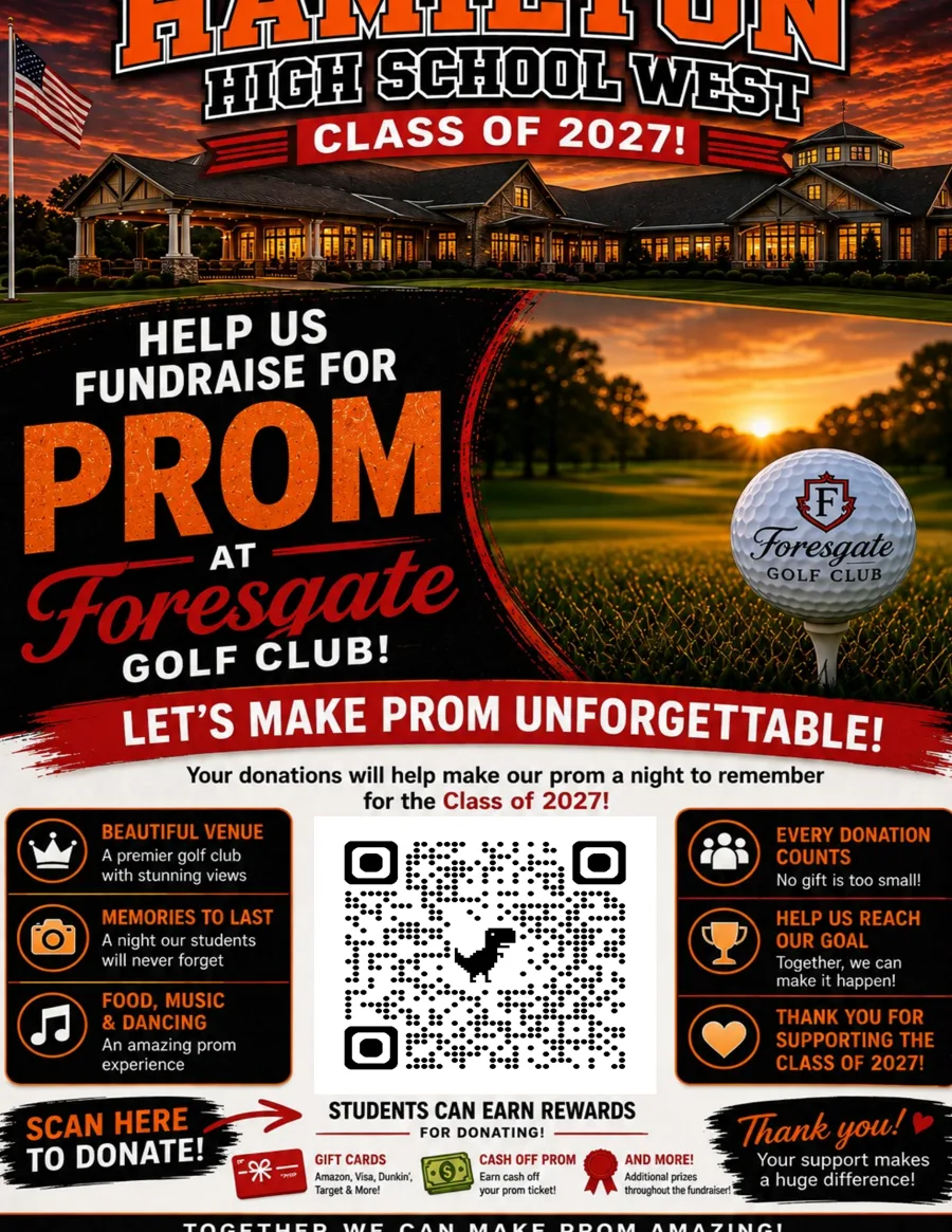 Class of 2027 prom fundraiser flyer: Help us fundraise for prom at Forsgate. Scan the QR code to donate.