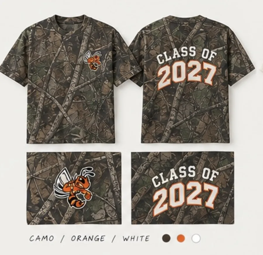 Winning design 5: Class of 2027 Camo shirt, front and back